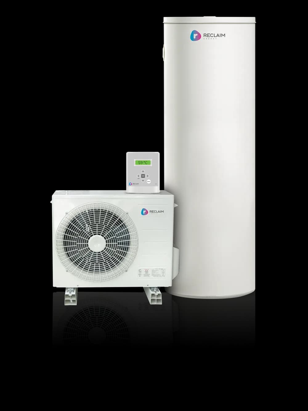 Reclaim Energy CO2 heat pump, storage tank and controller