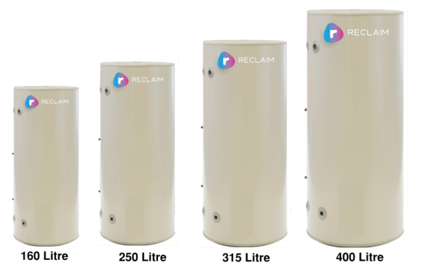 Reclaim Energy Co2 hot water heat pump tank sizes
