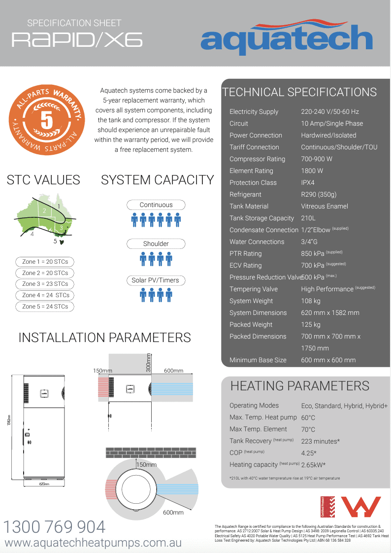 Aquatech Rapid/ X6 All in one heat pump All in one Hot Water Heat Pumps
